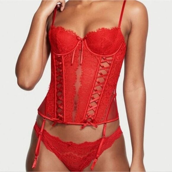 🆕️ Victoria's Secret VERY SEXY Wicked Unlined Lace-up Corset Red Lipstic - Picture 3 of 6